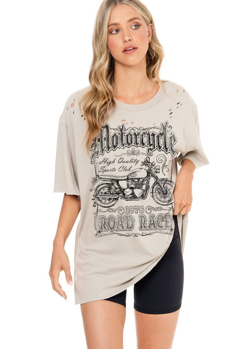 Motorcycle Road Race Distressed Oversized Tee by Zutter, Khaki