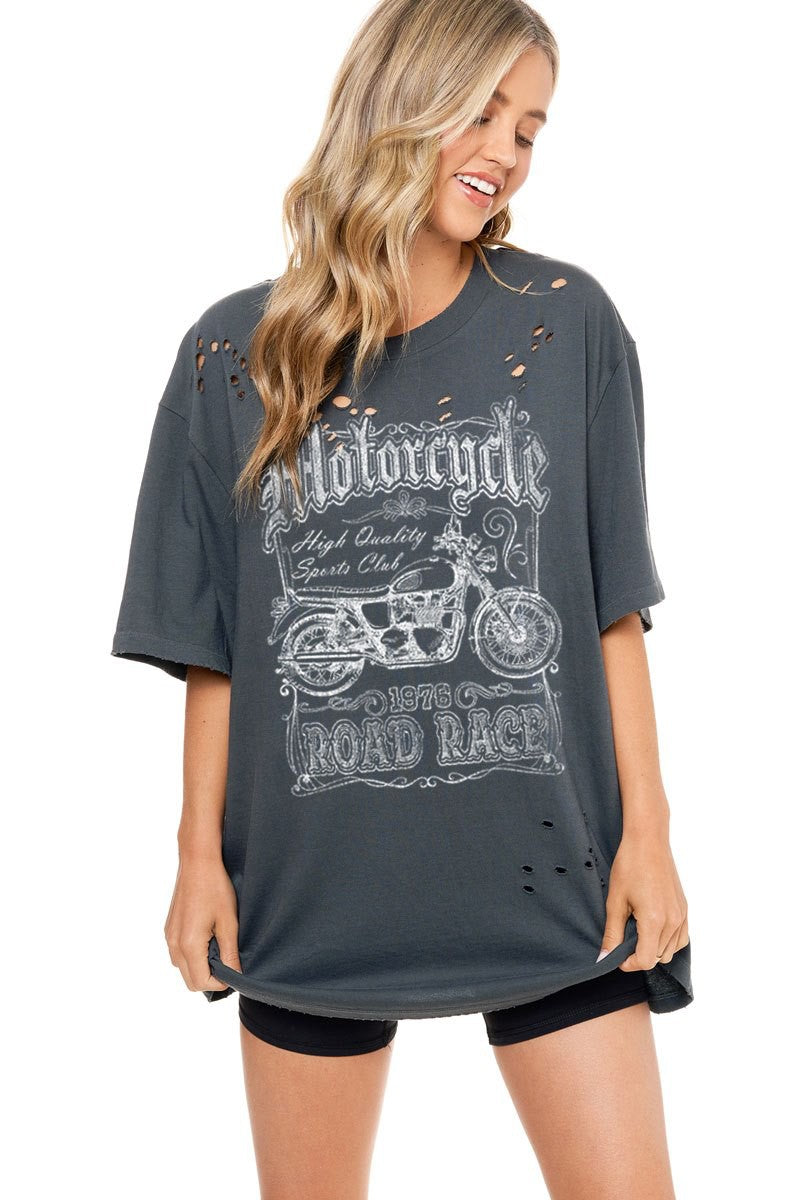 Motorcycle Road Race Distressed Oversized Tee by Zutter, Slate