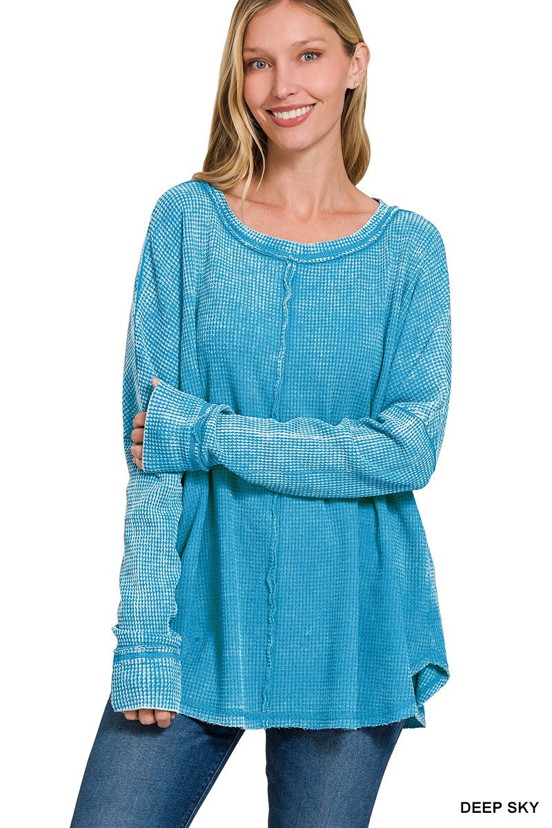 Rest Day Waffle Knit Long Sleeveovers Top, Deep Sky