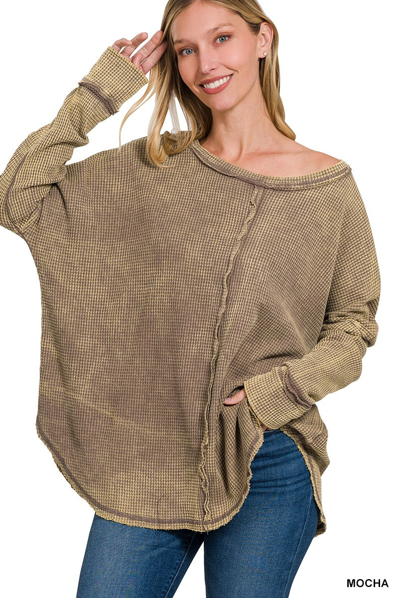 Rest Day Waffle Knit Long Sleeveovers Top, Mocha