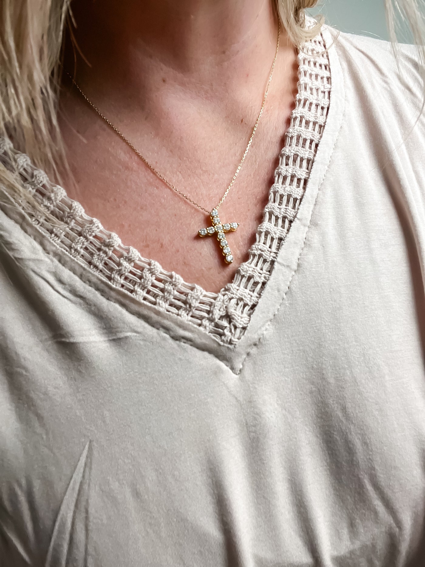 Rhinestone Cross Pendant Sterling Silver Necklace