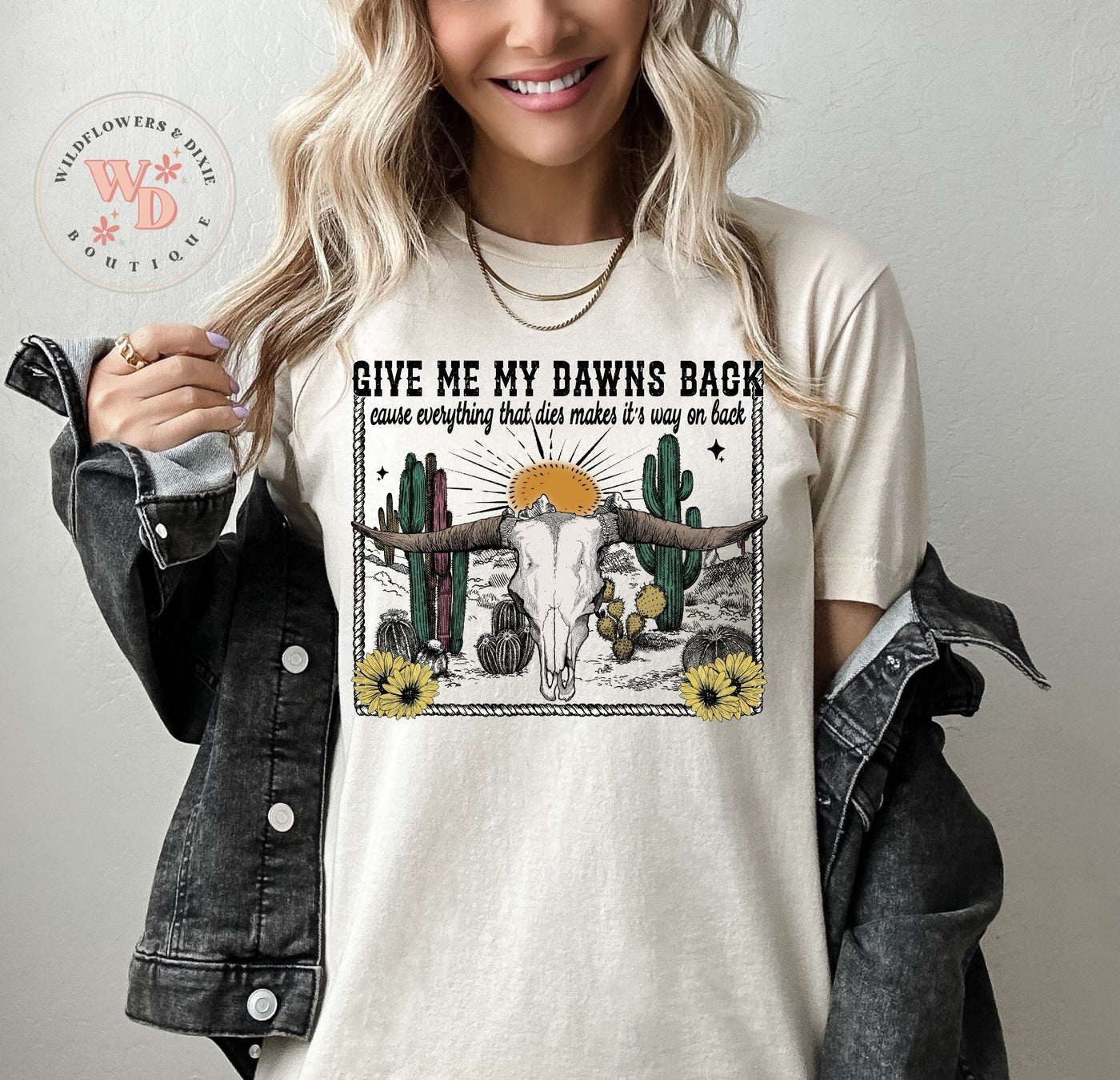 "Give Me My Dawn Back" Front + Back T-shirt (shown on "Natural")