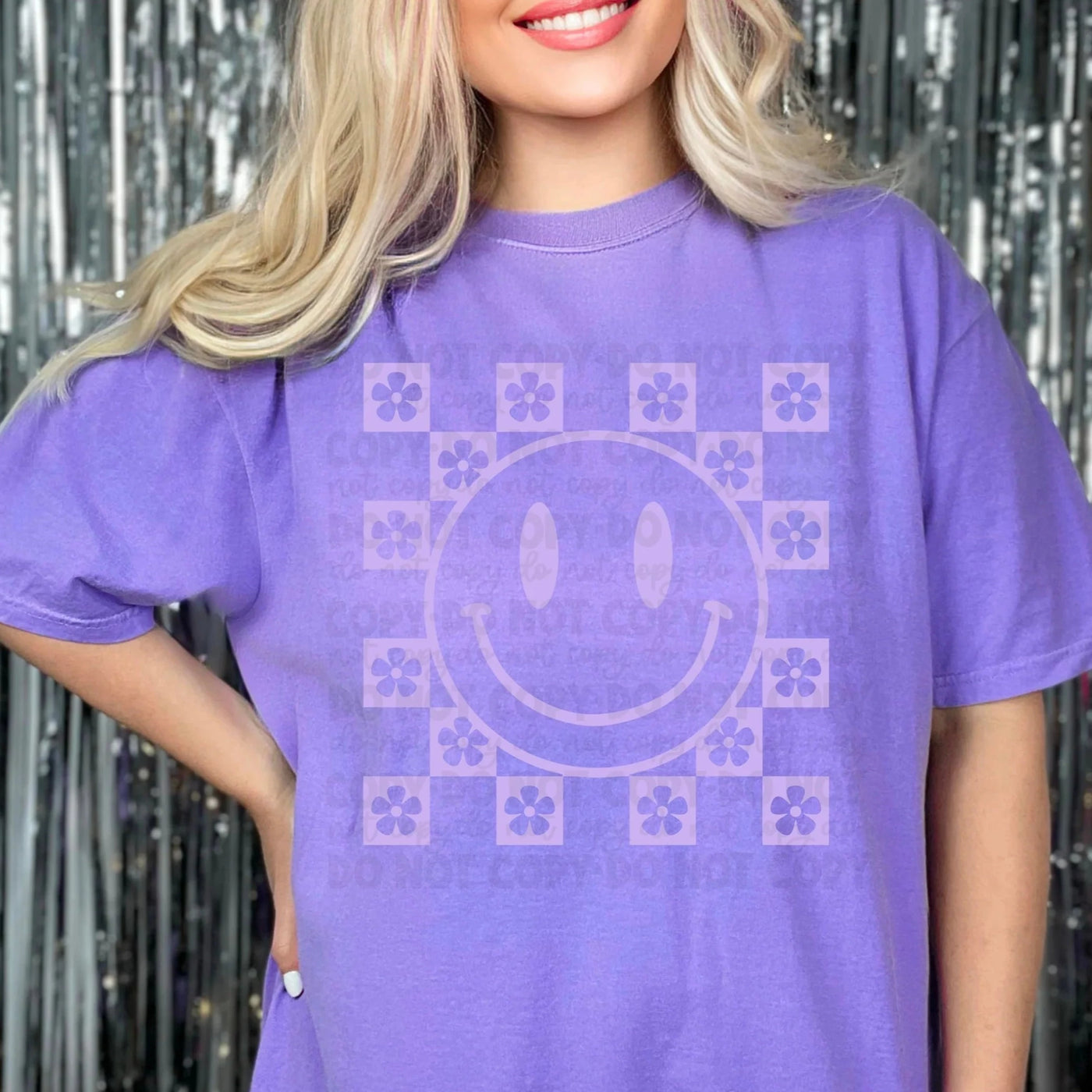 "Checkered Happy Face" T-shirt (shown on Comfort Colors "Violet")