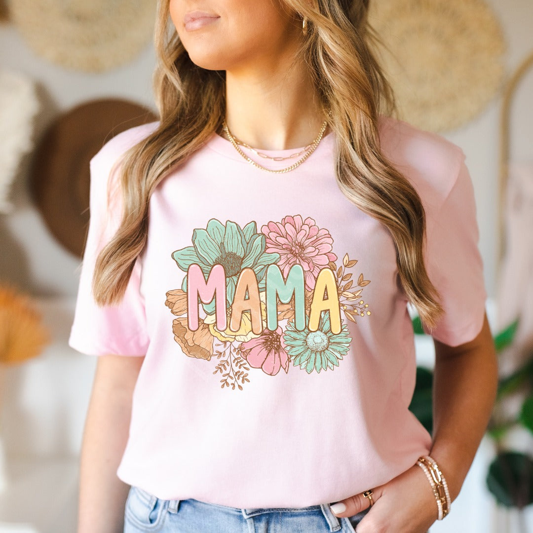 "Mama" Boho Florals T-shirt (shown on "Soft Pink")