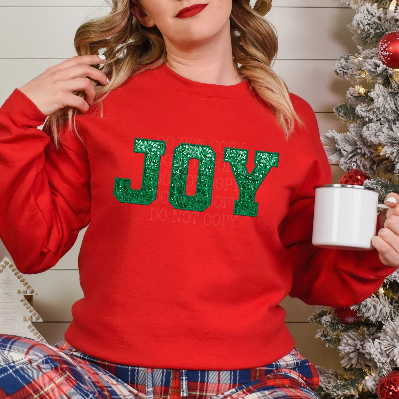 "Joy (Faux Sequin Embroidery)" Sweatshirt or T-shirt (shown on "Red")