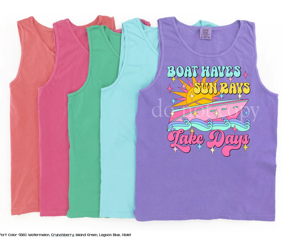 "Boat Waves Sun Rays Lake Days" Comfort Colors Tank or T-shirt