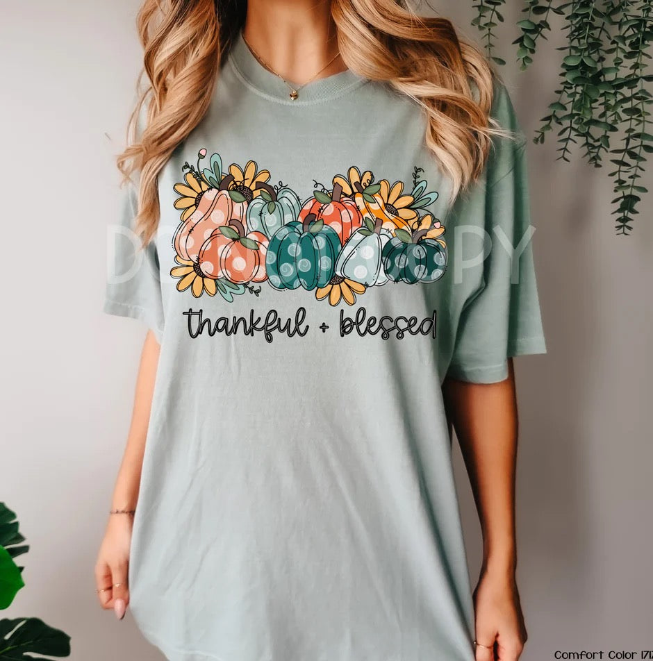 "Thankful & Blessed" T-shirt (shown on Comfort Colors "Bay")