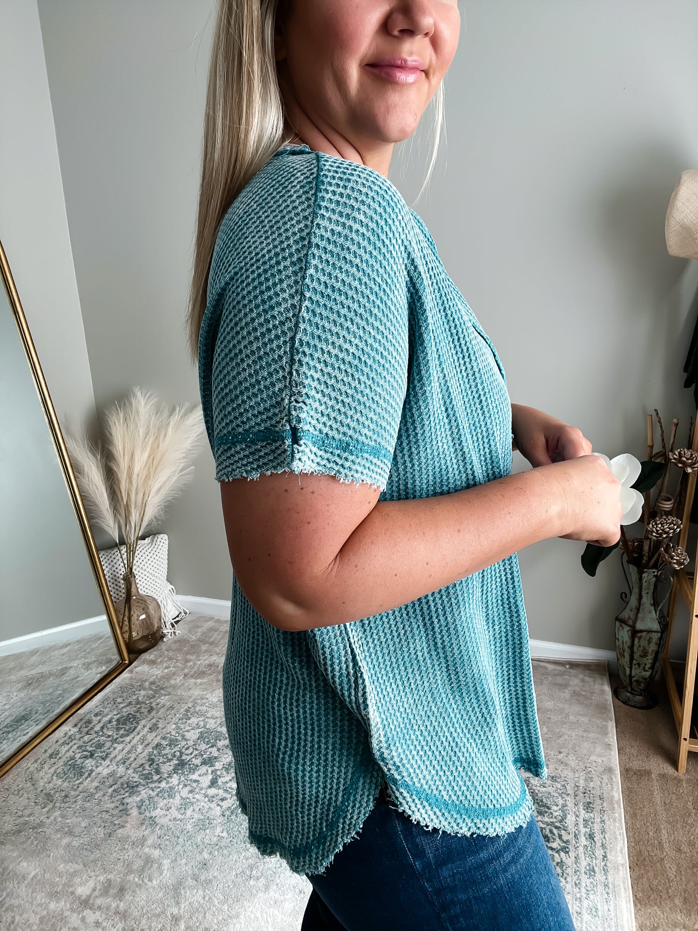 Rest Day Waffle Knit Short Sleeve Top, Dusty Teal