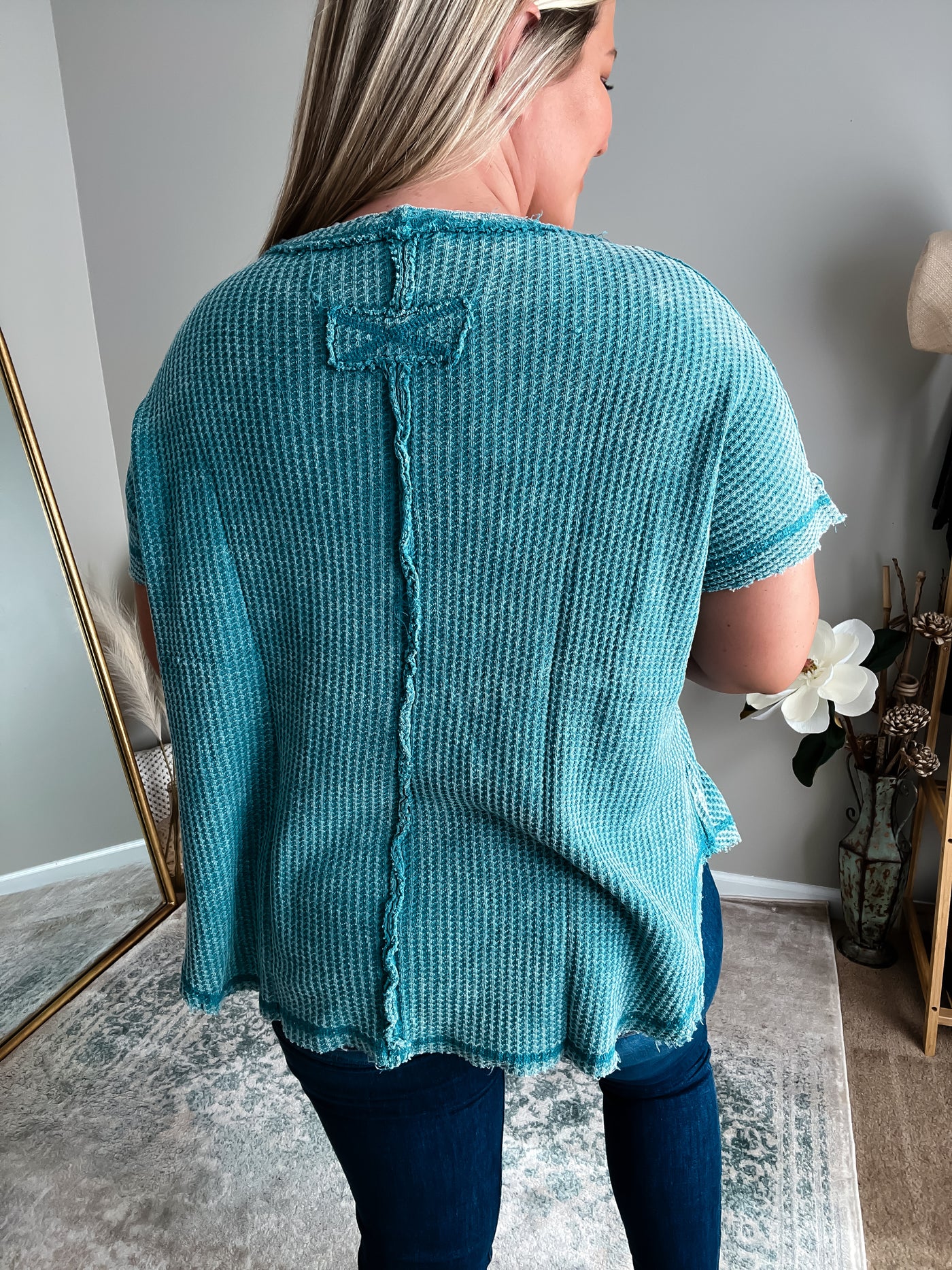 Rest Day Waffle Knit Short Sleeve Top, Dusty Teal