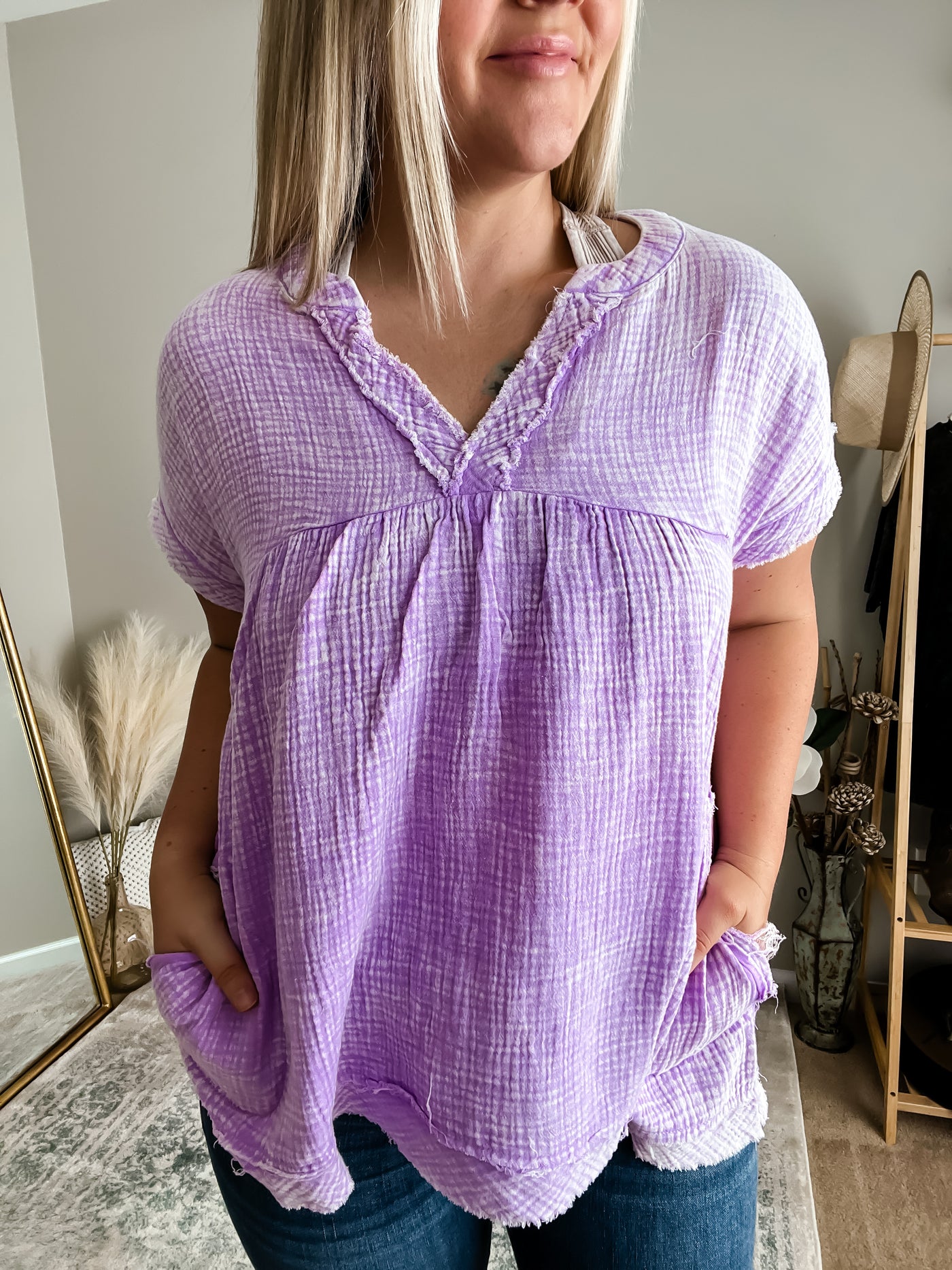 Joanna Linen Raw Hem Shirt, Lavender