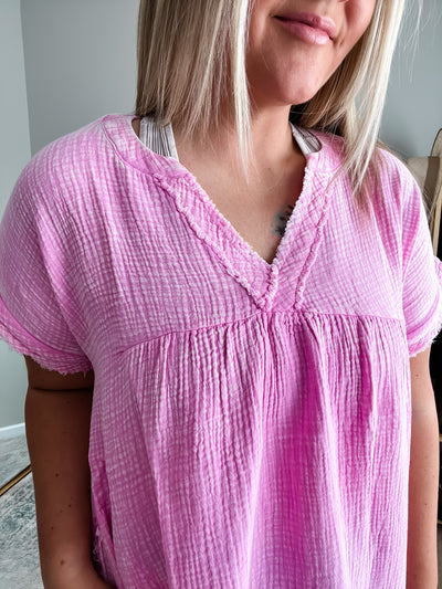 Joanna Linen Raw Hem Shirt, Candy Pink