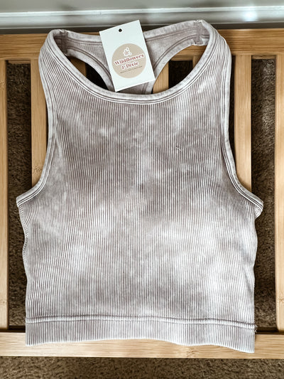 Never on Time Ribbed Crop Tank, PADDED - Ash Mocha