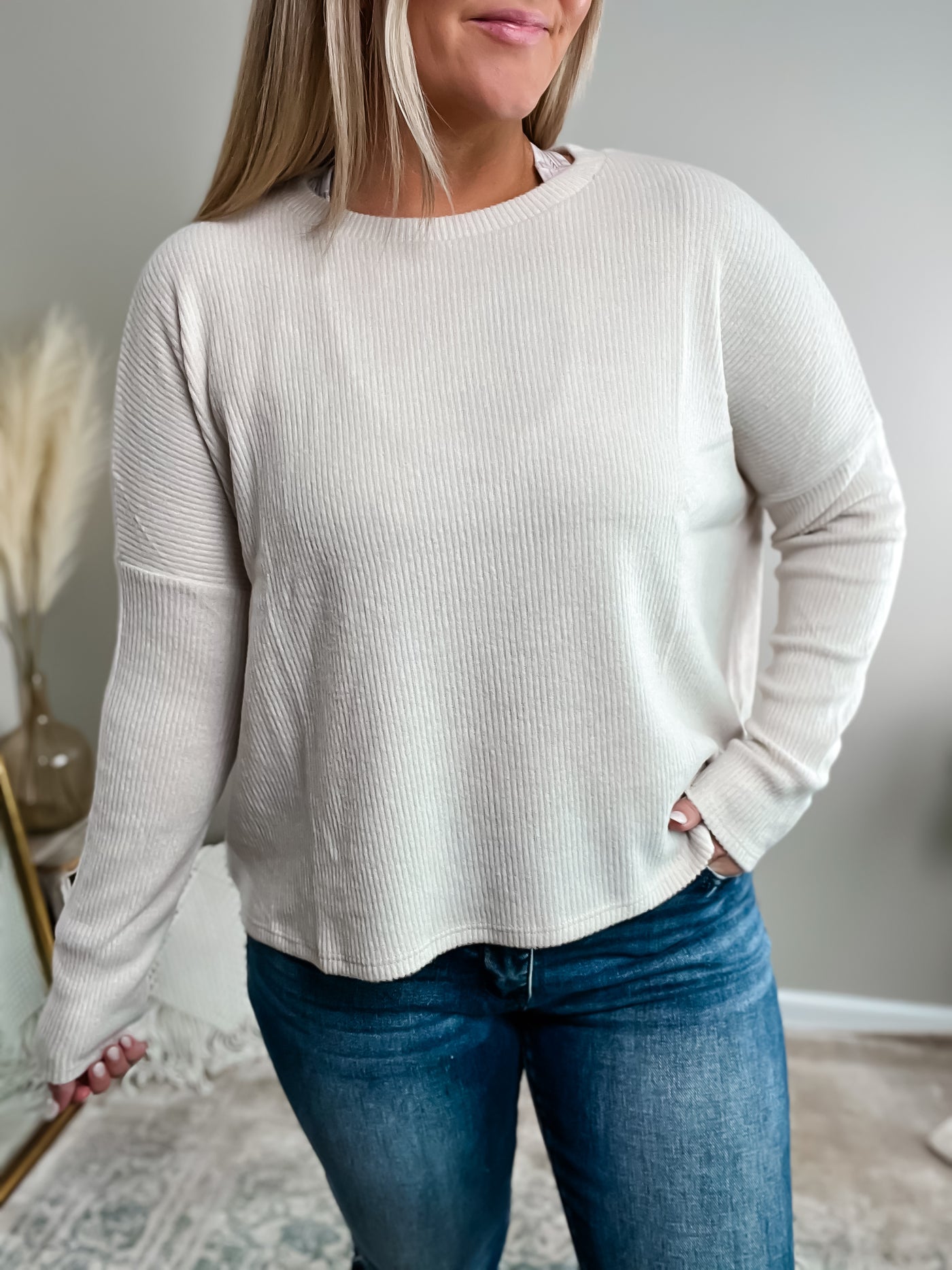 Cabin Fever Ribbed Sweater, Sand Beige