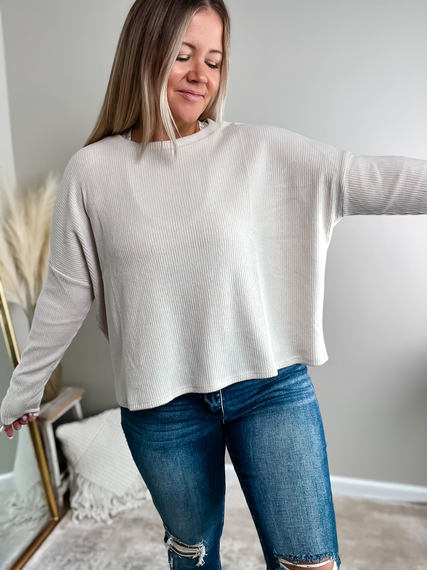 Cabin Fever Ribbed Sweater, Sand Beige