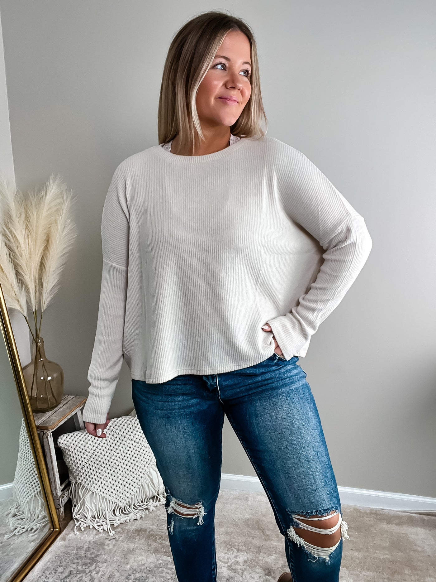 Cabin Fever Ribbed Sweater, Sand Beige