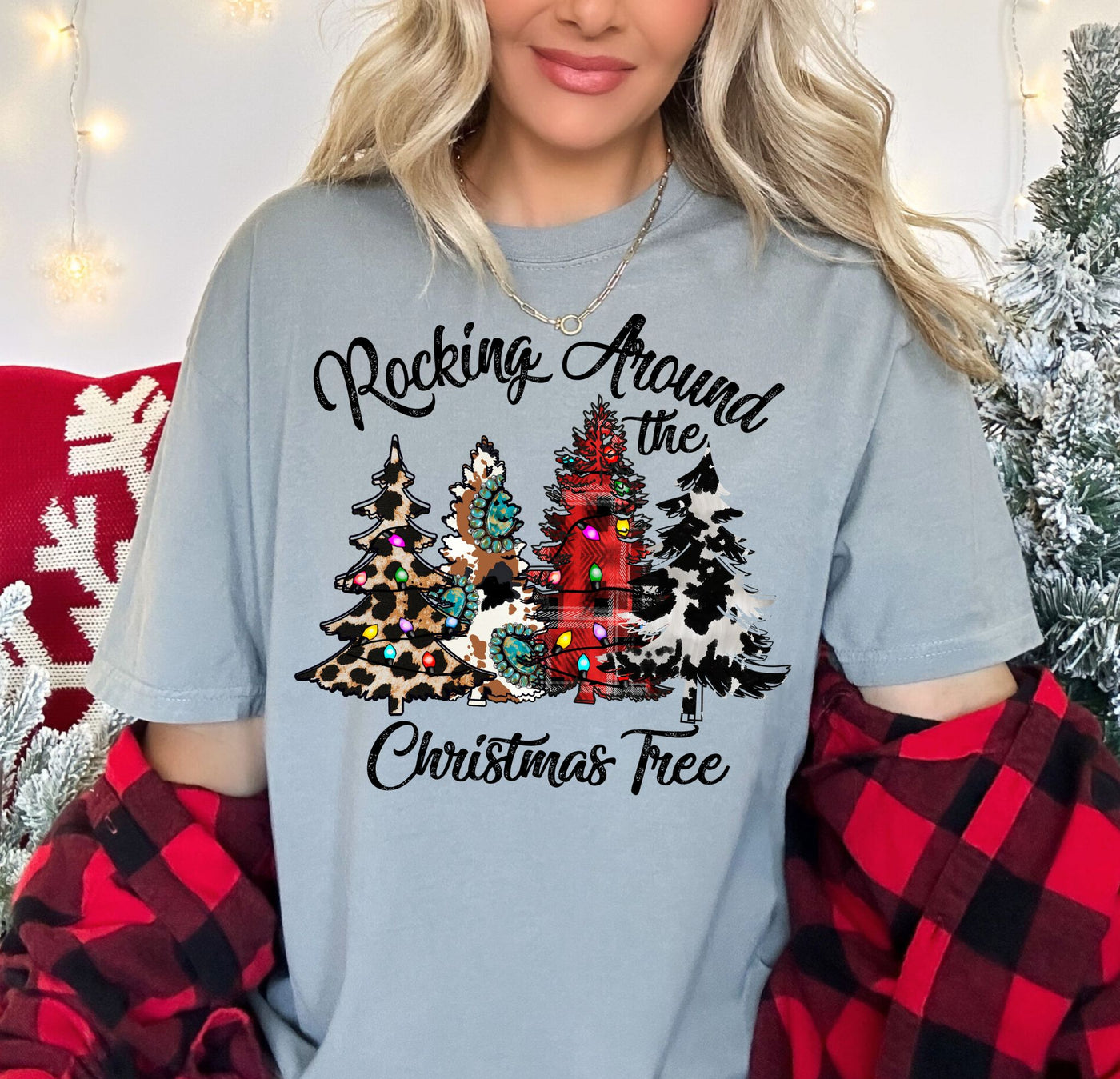 "Rockin Around the Christmas Tree - Western" T-shirt (shown on Comfort Colors "Grey")