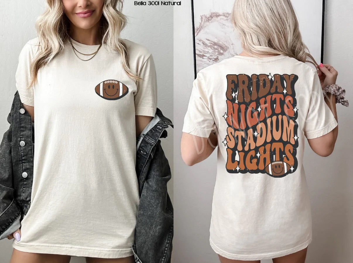 "Friday Nights Stadium Lights" Front+Back T-shirt (shown on "Natural")