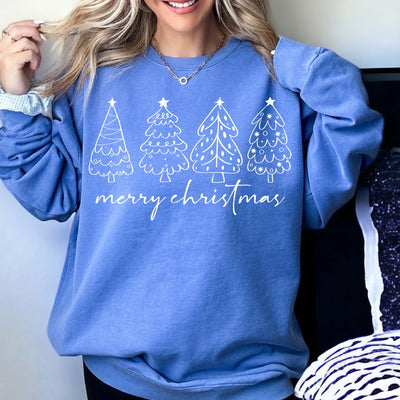 "Merry Christmas (Whimsy Trees)" Sweatshirt or T-shirt (shown on Comfort Colors "Flo Blue")