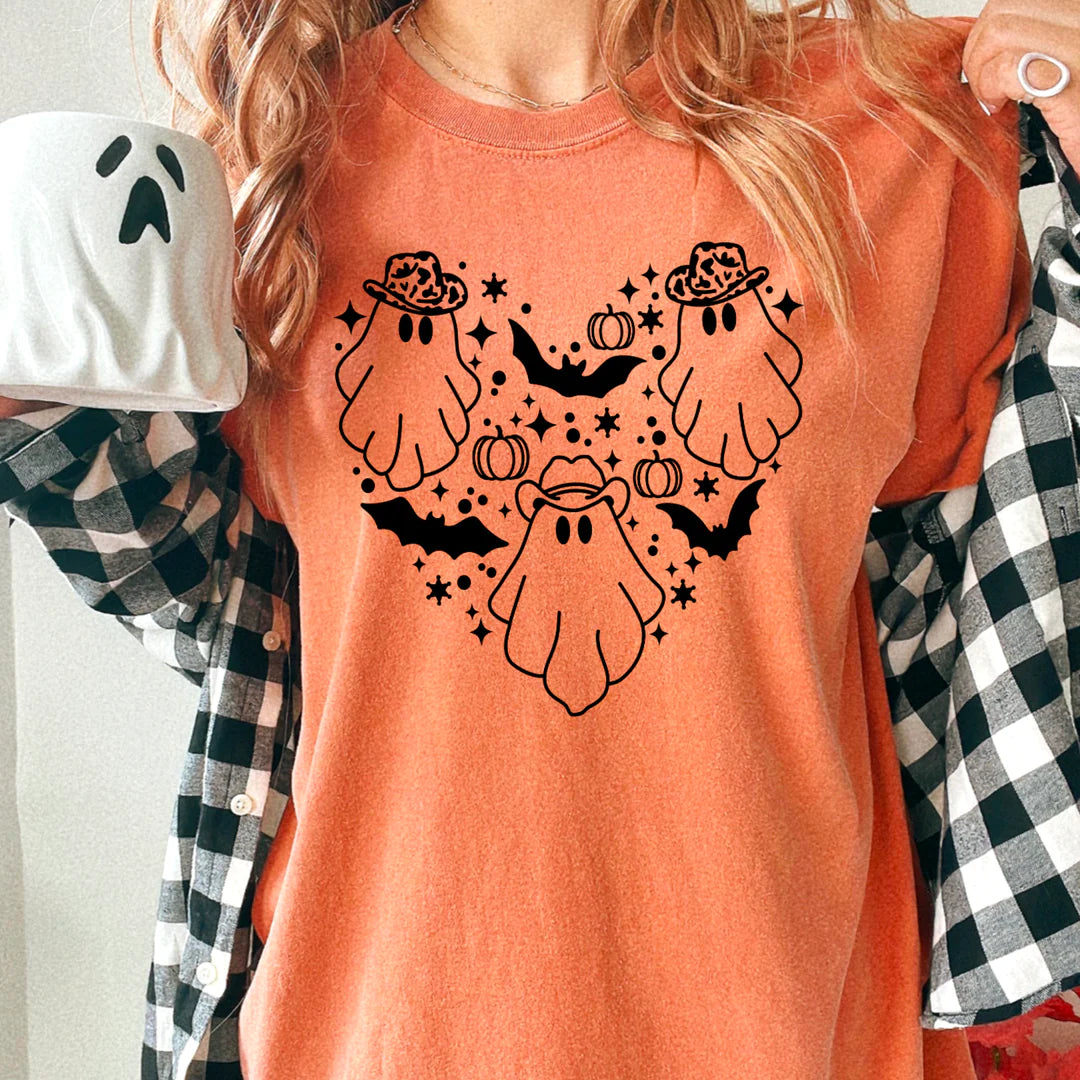 "Halloween Western Ghost Heart" T-shirt (shown on Comfort Colors "Yam")