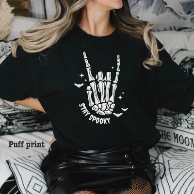 "Stay Spooky" Puff Print Sweatshirt or T-shirt (shown on "Black")
