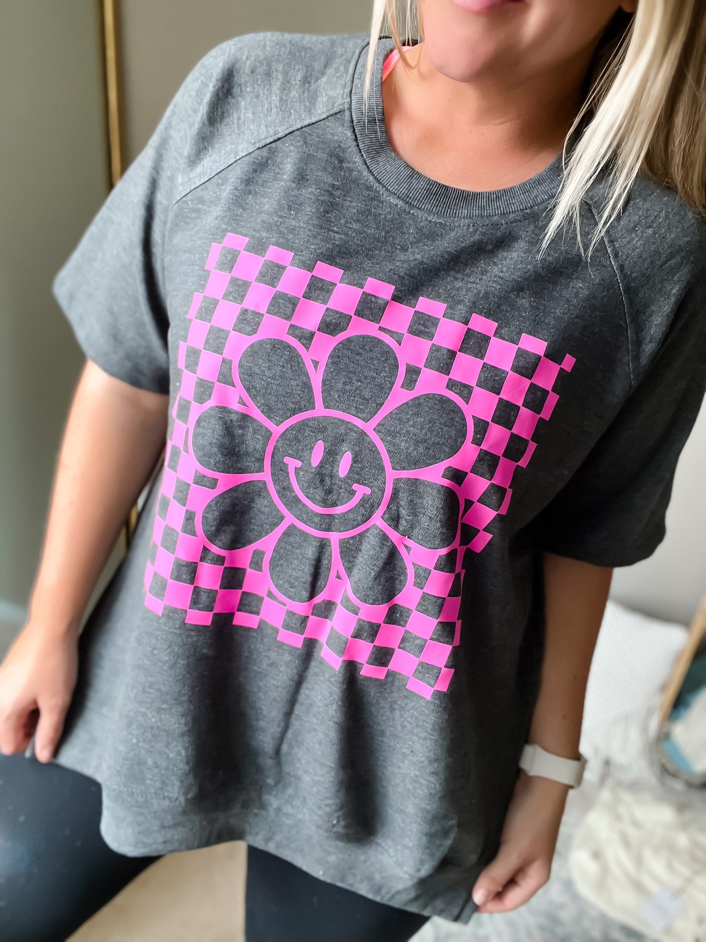 READY TO SHIP Checkered Flower Face (Hot Pink) French Terry Crewneck
