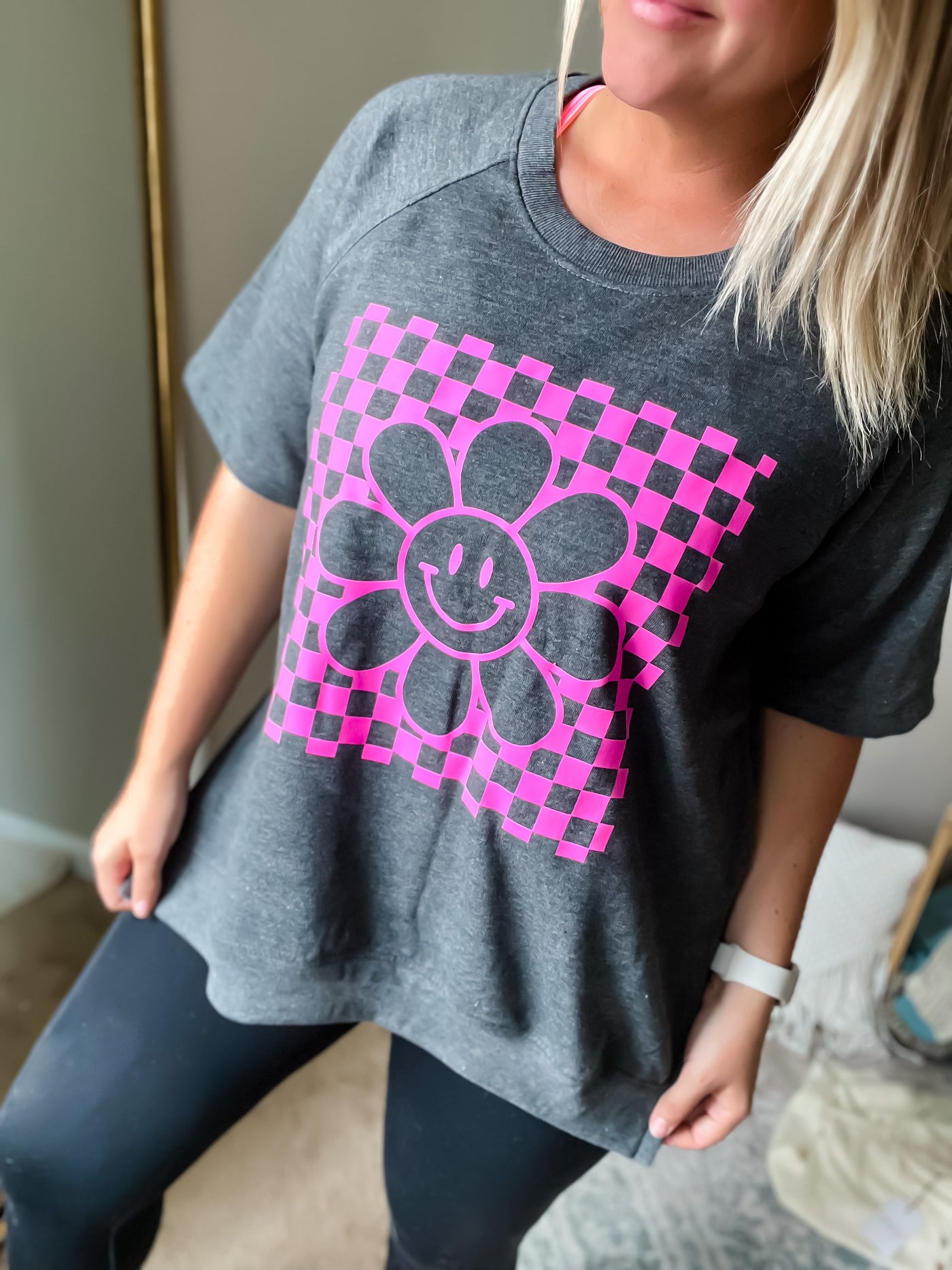 READY TO SHIP Checkered Flower Face (Hot Pink) French Terry Crewneck