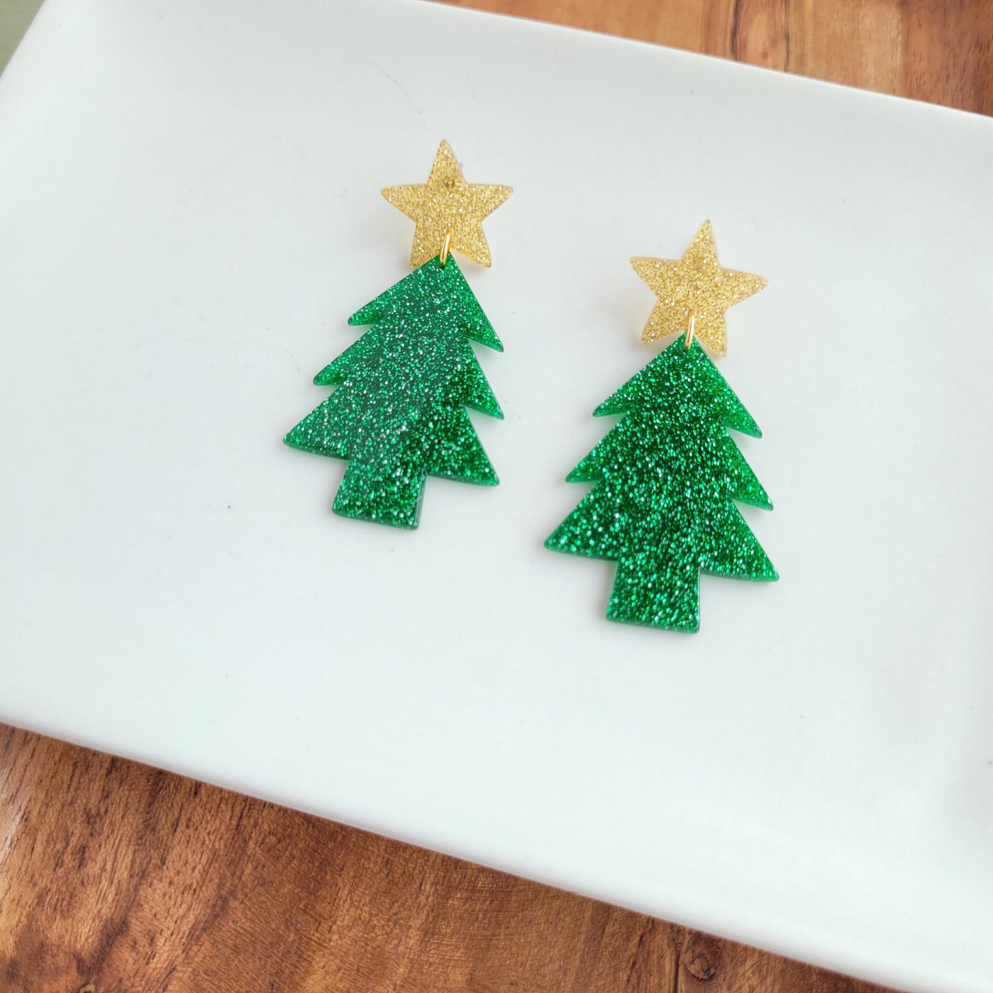 Christmas Tree Dangle Earrings, Green Glitter