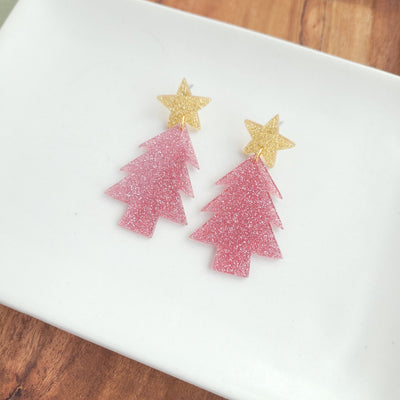 Christmas Tree Dangle Earrings, Pink Glitter