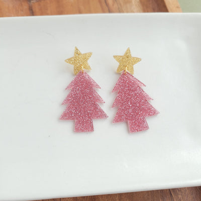 Christmas Tree Dangle Earrings, Pink Glitter