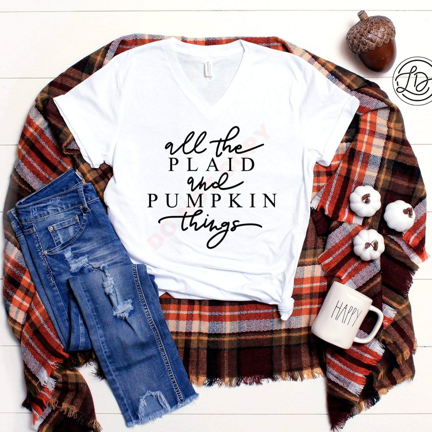 🌟 SALE 🌟 "All the Plaid and Pumpkin Things" T-shirt (shown on "White") **FINISHED TEE WILL BE ON A CREWNECK**