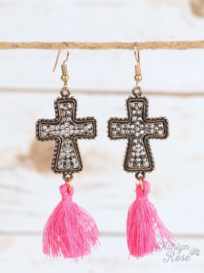 Clear Crystal Cross Earrings with Tassels, Hot Pink