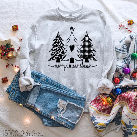 "Merry Christmas Tree Trio" T-shirt or Sweatshirt (shown on "Ash Grey")