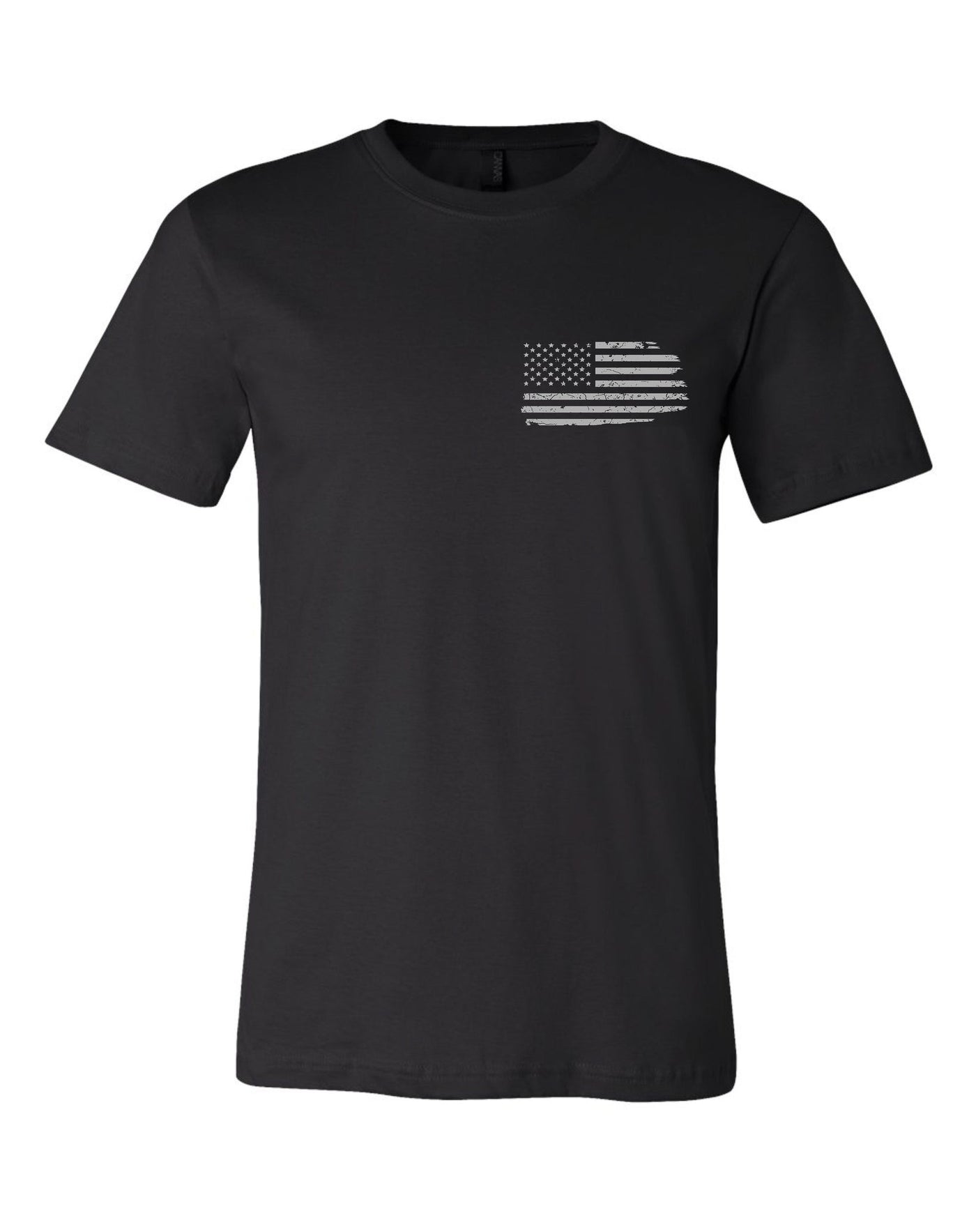 READY-TO-SHIP "Distressed American Flag" Front+Back Design T-shirt (Finished Product is on "Heather Navy")
