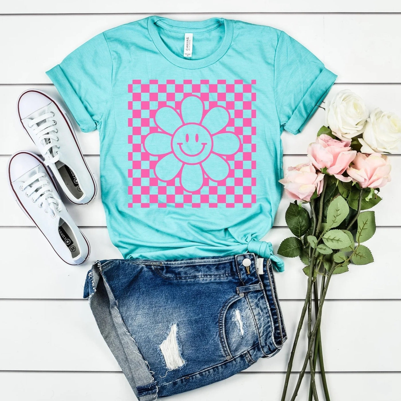 "Checkered Flower Happy Face" Sweatshirt or T-shirt (shown on "Hthr Aqua")