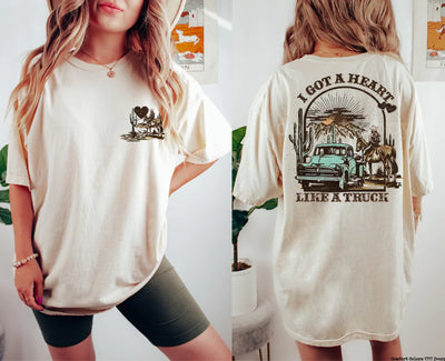 "Heart Like a Truck" Front+Back T-shirt (shown on "Natural")