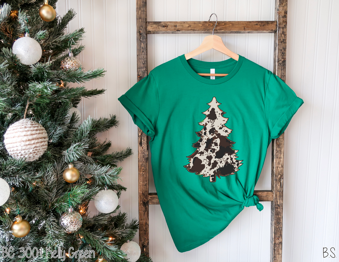"Cowhide Christmas Tree" T-shirt (shown on "Kelly Green")