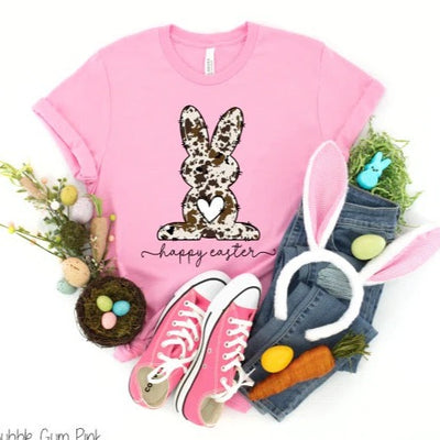 "Happy Easter" Cow Print Bunny T-shirt  (shown on "Bubblegum Pink")