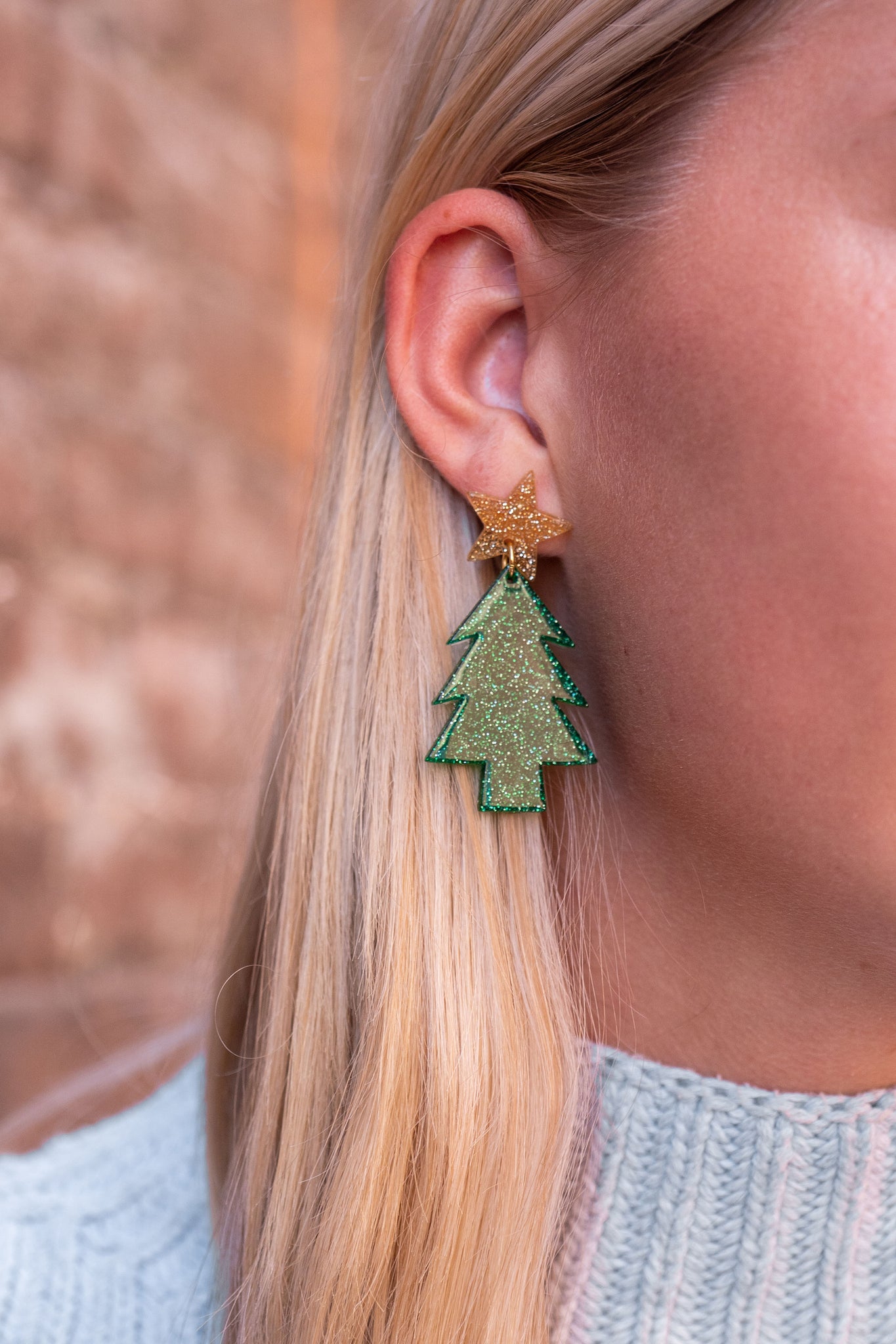 Christmas Tree Dangle Earrings, Green Glitter