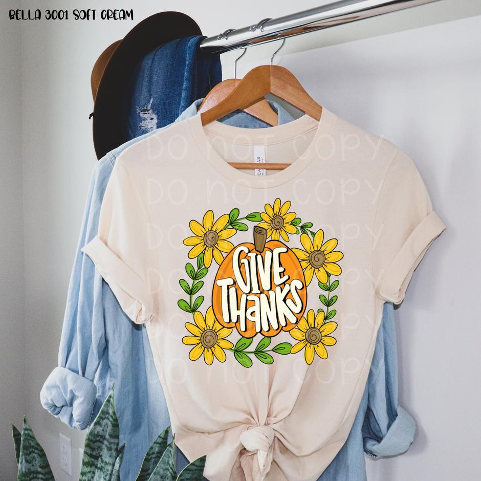 "Give Thanks Sunflower Pumpkin" T-shirt (shown on "Soft Cream")