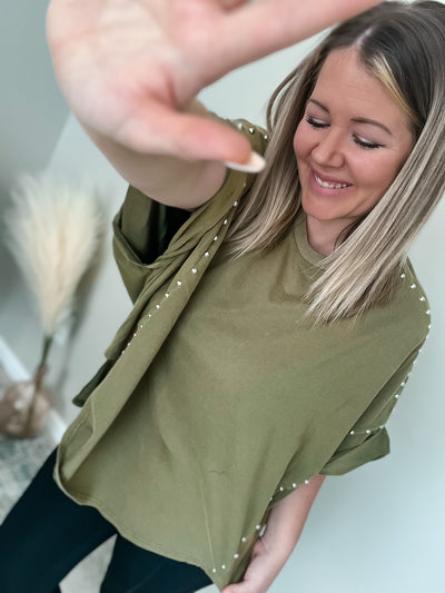 Walk this Way Studded Oversized Top in Olive