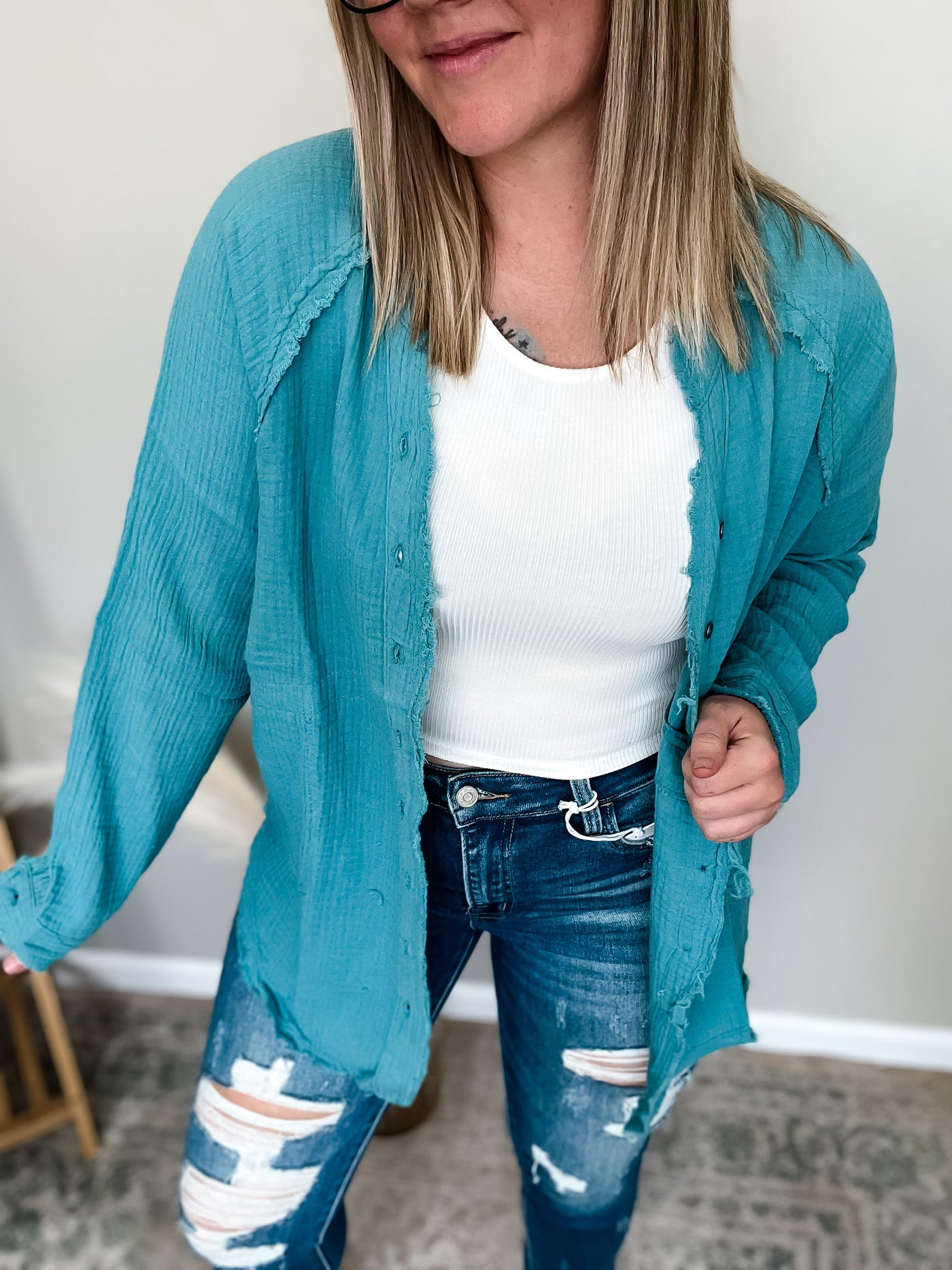 Go with the Flow Linen Button-Down, Dusty Teal