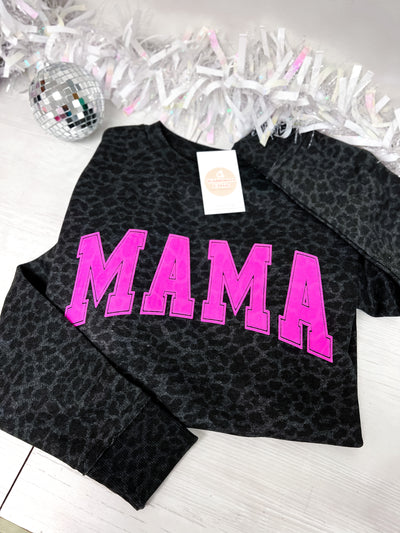 READY TO SHIP “MAMA" *Puff Ink* Tunic Sweatshirt - Hot Pink on Leopard