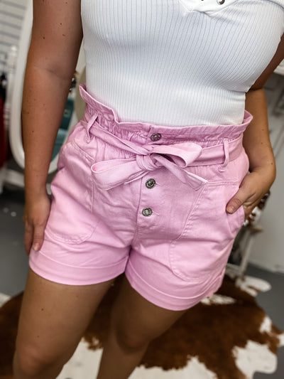 Paperbag Denim Shorts - Pink
