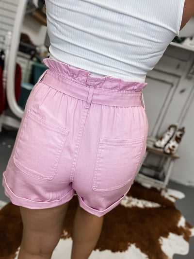 Paperbag Denim Shorts - Pink