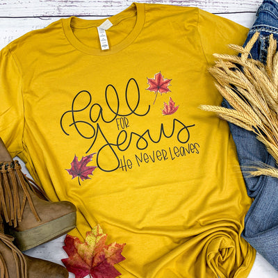 🌟 SALE 🌟 "Fall for Jesus - He Never Leaves" T-shirt (shown on "Hthr Mustard")