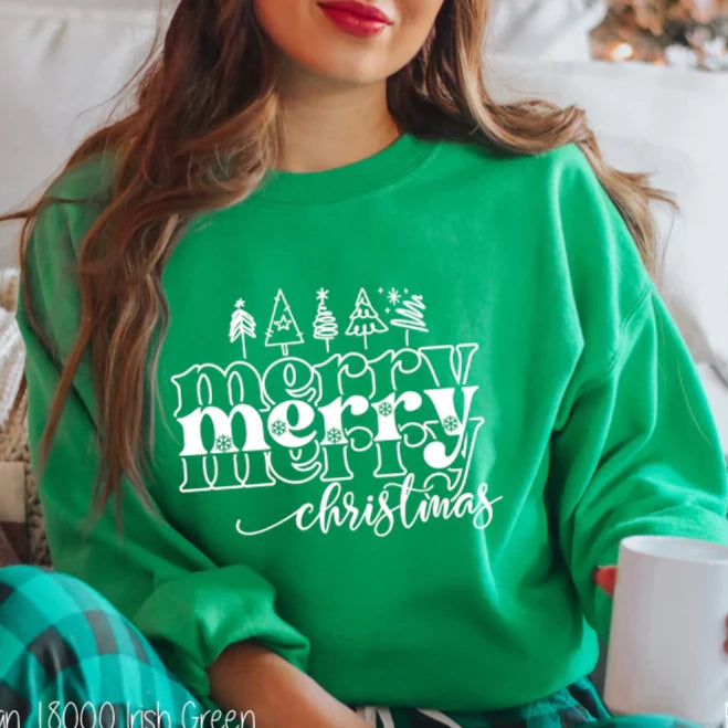 "Merry Christmas Stacked" T-shirt or Sweatshirt (on "Irish Green")