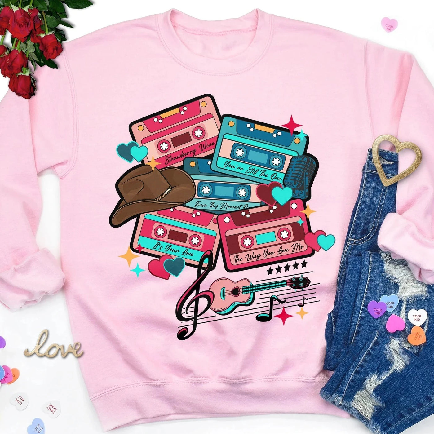 "Country Love Song Cassette Tapes" Sweatshirt or T-shirt (shown on "Pink")