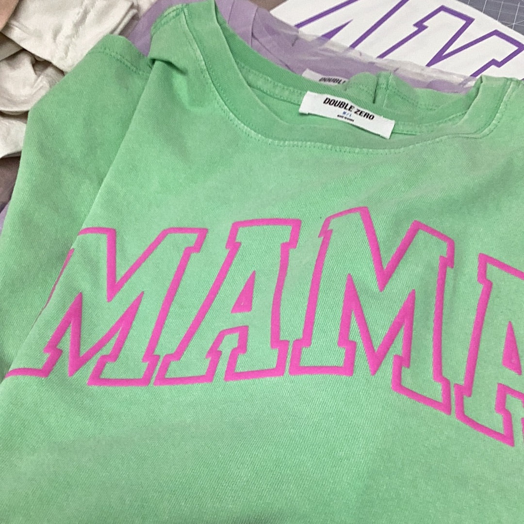 READY-TO-SHIP "MAMA" *Puff Ink* Boxy Tee - Pink on Green