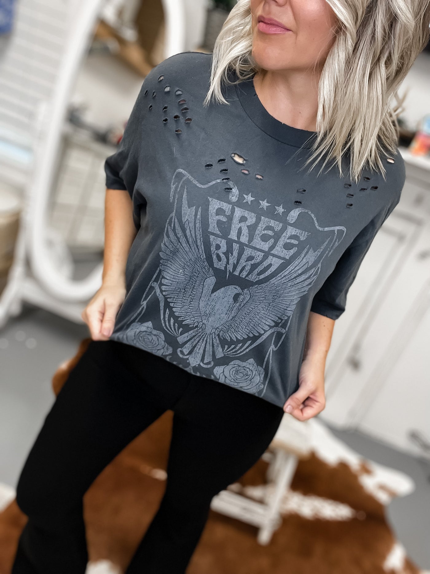Free Bird Distressed Oversized Tee by Zutter