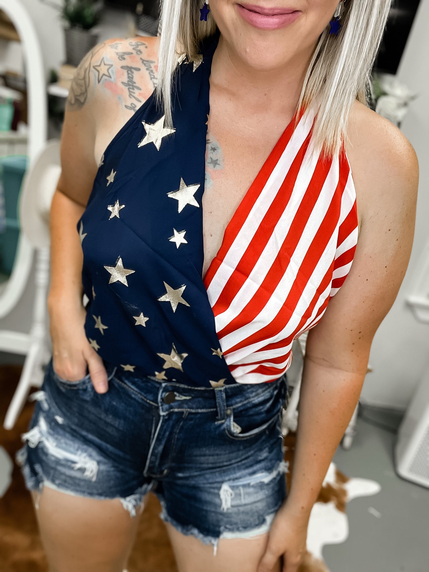 American Flag Halter Top Bodysuit